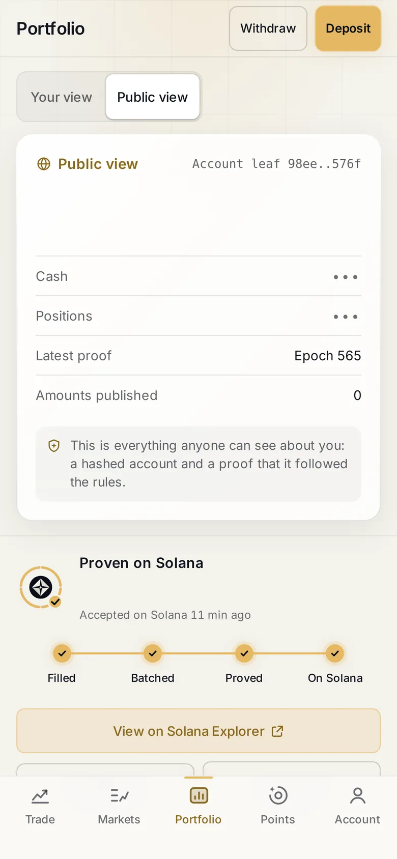 The Sirius portfolio public view on a phone in Daylight: amounts published 0 and the Proven on Solana steps.