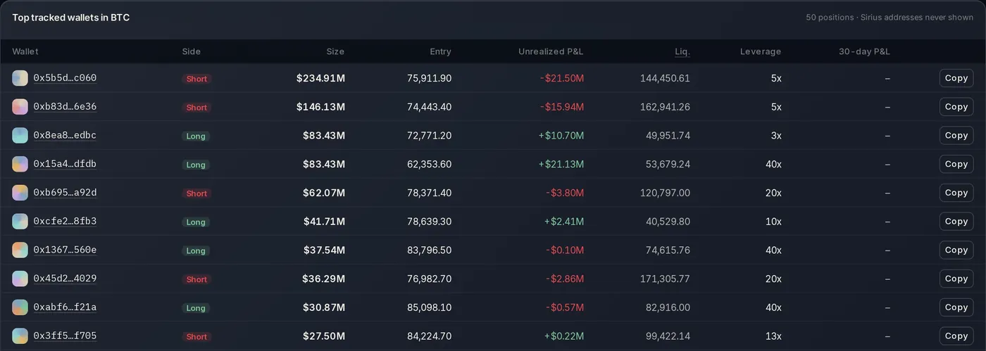 Top tracked public wallets in BTC with side, size, entry, unrealized P&L, liquidation and leverage.